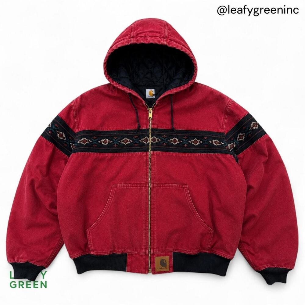 Carhartt J79 Red Duck Canvas Western Aztec Bomber Jacket us sz M Vintage 90 Rare